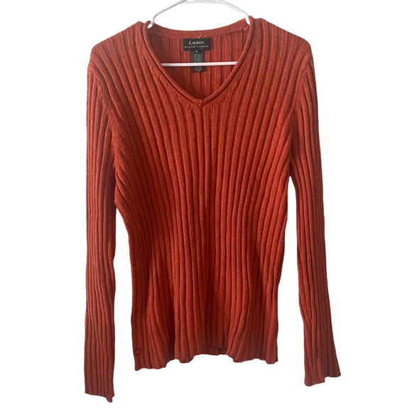 Lauren Ralph Lauren Silk Linen Cotton Blend Burt Orange Ribbed V-Neck Sweater